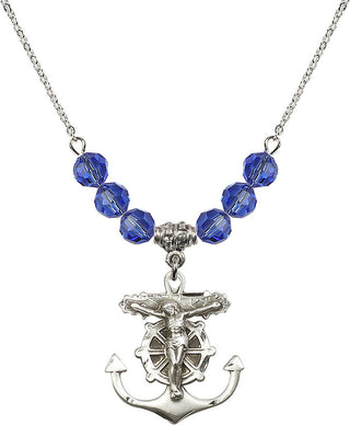 18" Rhodium Plated Necklace with 4mm Sapphire Crystal Beads featuring a Sterling Silver Anchor Crucifix Medal.