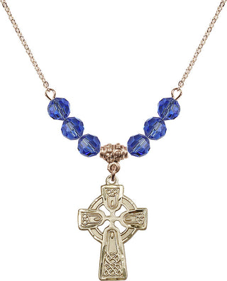 18" Hamilton Gold Plated Necklace with 4mm Sapphire Crystal Beads featuring a 14kt Gold Filled Celtic Cross Medal.