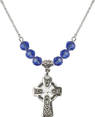 18" Rhodium Plated Necklace with 4mm Sapphire Crystal Beads featuring a Sterling Silver Celtic Cross Medal.