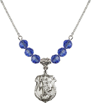 18" Rhodium Plated Necklace with 4mm Sapphire Crystal Beads featuring a Sterling Silver Saint Michael the Archangel Medal. Engraved Catholic Saint Jewelry