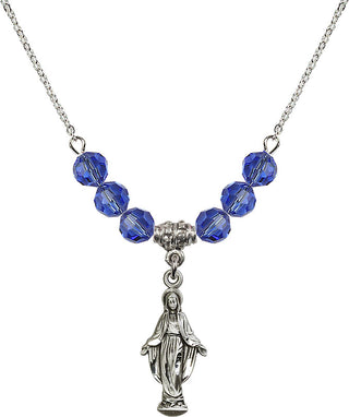 18" Rhodium Plated Necklace with 4mm Sapphire Crystal Beads featuring a Sterling Silver Miraculous Medal.