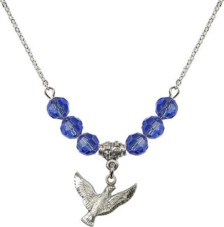 18" Rhodium Plated Necklace with 4mm Sapphire Crystal Beads featuring a Sterling Silver Holy Spirit Medal.