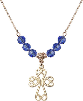 18" Hamilton Gold Plated Necklace with 4mm Sapphire Crystal Beads featuring a 14kt Gold Filled Scroll Cross Medal.