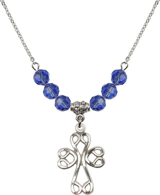 18" Rhodium Plated Necklace with 4mm Sapphire Crystal Beads featuring a Sterling Silver Scroll Cross Medal.