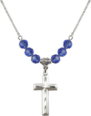 18" Rhodium Plated Necklace with 4mm Sapphire Crystal Beads featuring a Sterling Silver Cross Medal. Engraved Catholic Saint Jewelry