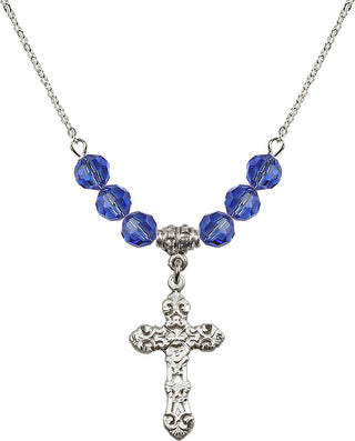 18" Rhodium Plated Necklace with 4mm Sapphire Crystal Beads featuring a Sterling Silver Cross Medal. Engraved Catholic Saint Jewelry