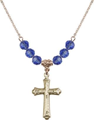 18" Hamilton Gold Plated Necklace with 4mm Sapphire Crystal Beads featuring a 14kt Gold Filled Cross Medal. Engraved Catholic Saint Jewelry
