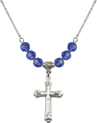 18" Rhodium Plated Necklace with 4mm Sapphire Crystal Beads featuring a Sterling Silver Cross Medal. Engraved Catholic Saint Jewelry