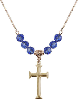 18" Hamilton Gold Plated Necklace with 4mm Sapphire Crystal Beads featuring a 14kt Gold Filled Cross Medal. Engraved Catholic Saint Jewelry