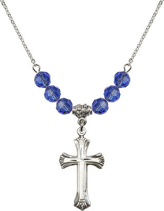 18" Rhodium Plated Necklace with 4mm Sapphire Crystal Beads featuring a Sterling Silver Cross Medal. Engraved Catholic Saint Jewelry