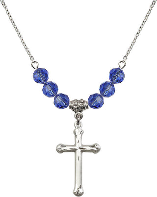 18" Rhodium Plated Necklace with 4mm Sapphire Crystal Beads featuring a Sterling Silver Cross Medal. Engraved Catholic Saint Jewelry