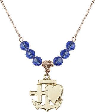 18" Hamilton Gold Plated Necklace with 4mm Sapphire Crystal Beads featuring a 14kt Gold Filled Faith, Hope & Charity Medal.