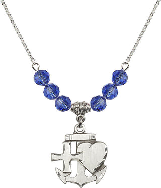 18" Rhodium Plated Necklace with 4mm Sapphire Crystal Beads featuring a Sterling Silver Faith, Hope & Charity Medal.