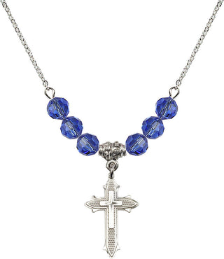 18" Rhodium Plated Necklace with 4mm Sapphire Crystal Beads featuring a Sterling Silver Cross on Cross Medal. Engraved Catholic Saint Jewelry