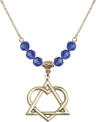 18" Hamilton Gold Plated Necklace with 4mm Sapphire Crystal Beads featuring a 14kt Gold Filled Adoption Heart Medal.