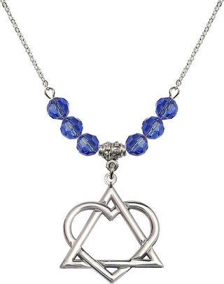 18" Rhodium Plated Necklace with 4mm Sapphire Crystal Beads featuring a Sterling Silver Adoption Heart Medal.