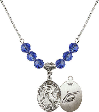 18" Rhodium Plated Necklace with 4mm Sapphire Crystal Beads featuring a Sterling Silver Saint Joseph of Cupertino/Heleco Medal.