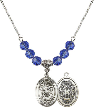 18" Rhodium Plated Necklace with 4mm Sapphire Crystal Beads featuring a Sterling Silver Saint Michael the Archangel Medal.