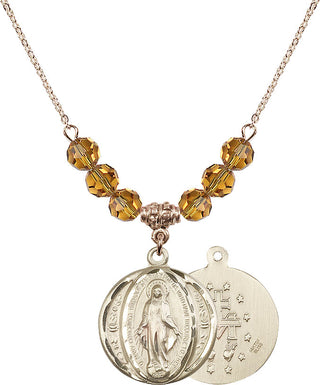 18" Hamilton Gold Plated Necklace with 4mm Topaz Crystal Beads featuring a 14kt Gold Filled Miraculous Medal.