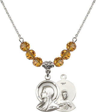 18" Rhodium Plated Necklace with 4mm Topaz Crystal Beads featuring a Sterling Silver Madonna Medal.