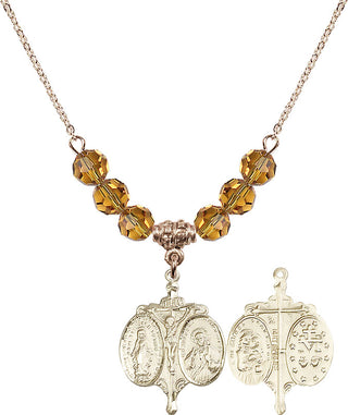 18" Hamilton Gold Plated Necklace with 4mm Topaz Crystal Beads featuring a 14kt Gold Filled Novena Medal.