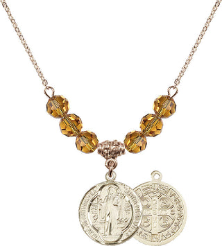 18" Hamilton Gold Plated Necklace with 4mm Topaz Crystal Beads featuring a 14kt Gold Filled Saint Benedict Medal.