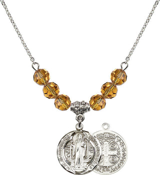 18" Rhodium Plated Necklace with 4mm Topaz Crystal Beads featuring a Sterling Silver Saint Benedict Medal.