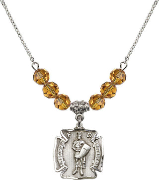 18" Rhodium Plated Necklace with 4mm Topaz Crystal Beads featuring a Sterling Silver Saint Florian Medal. Engraved Catholic Saint Jewelry
