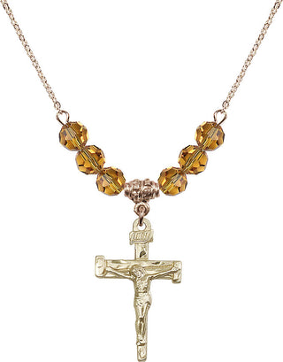 18" Hamilton Gold Plated Necklace with 4mm Topaz Crystal Beads featuring a 14kt Gold Filled Nail Crucifix Medal.