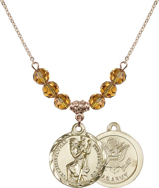 18" Hamilton Gold Plated Necklace with 4mm Topaz Crystal Beads featuring a 14kt Gold Filled Saint Christopher / Army Medal.
