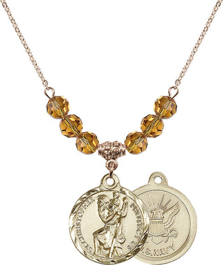 18" Hamilton Gold Plated Necklace with 4mm Topaz Crystal Beads featuring a 14kt Gold Filled Saint Christopher / Navy Medal.