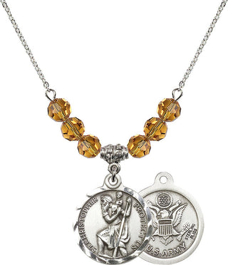 18" Rhodium Plated Necklace with 4mm Topaz Crystal Beads featuring a Sterling Silver Saint Christopher / Army Medal.