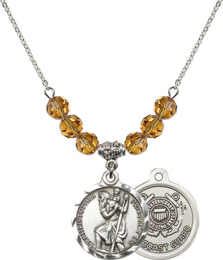 18" Rhodium Plated Necklace with 4mm Topaz Crystal Beads featuring a Sterling Silver Saint Christopher / Coast Guard Medal.