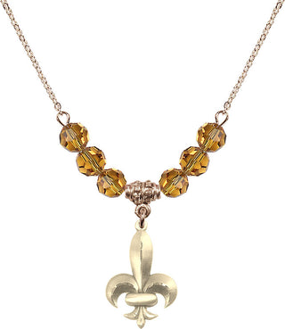 18" Hamilton Gold Plated Necklace with 4mm Topaz Crystal Beads featuring a 14kt Gold Filled Fleur de Lis Medal.