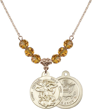 18" Hamilton Gold Plated Necklace with 4mm Topaz Crystal Beads featuring a 14kt Gold Filled Saint Michael / Army Medal.