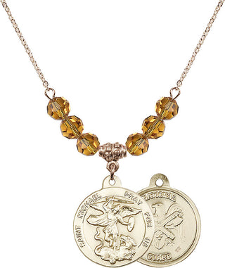 18" Hamilton Gold Plated Necklace with 4mm Topaz Crystal Beads featuring a 14kt Gold Filled Saint Michael / Nat'l Guard Medal.