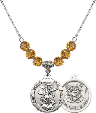 18" Rhodium Plated Necklace with 4mm Topaz Crystal Beads featuring a Sterling Silver Saint Michael / Coast Guard Medal.
