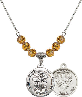 18" Rhodium Plated Necklace with 4mm Topaz Crystal Beads featuring a Sterling Silver Saint Michael / Nat'l Guard Medal.