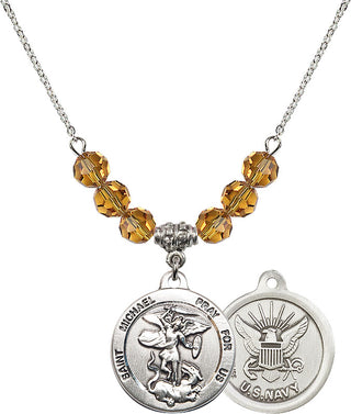 18" Rhodium Plated Necklace with 4mm Topaz Crystal Beads featuring a Sterling Silver Saint Michael / Navy Medal.