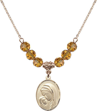 18" Hamilton Gold Plated Necklace with 4mm Topaz Crystal Beads featuring a 14kt Gold Filled Madonna & Child Medal.