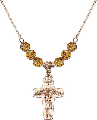18" Hamilton Gold Plated Necklace with 4mm Topaz Crystal Beads featuring a 14kt Gold Filled Papal Crucifix Medal.