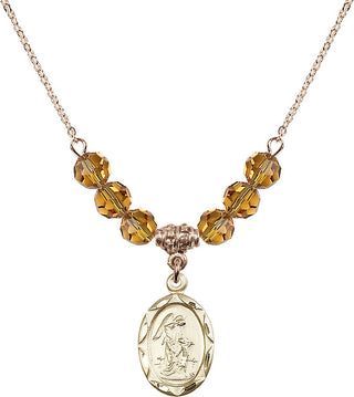 18" Hamilton Gold Plated Necklace with 4mm Topaz Crystal Beads featuring a 14kt Gold Filled Guardian Angel Medal. Engraved Catholic Saint Jewelry