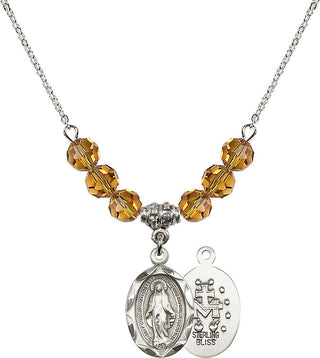 18" Rhodium Plated Necklace with 4mm Topaz Crystal Beads featuring a Sterling Silver Miraculous Medal.