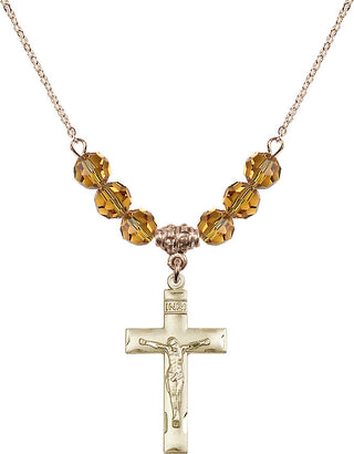 18" Hamilton Gold Plated Necklace with 4mm Topaz Crystal Beads featuring a 14kt Gold Filled Crucifix Medal.