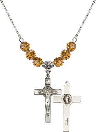 18" Rhodium Plated Necklace with 4mm Topaz Crystal Beads featuring a Sterling Silver Saint Benedict Crucifix Medal.