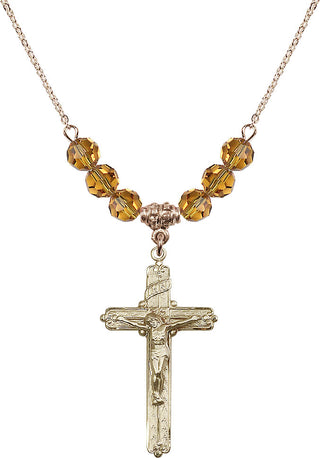 18" Hamilton Gold Plated Necklace with 4mm Topaz Crystal Beads featuring a 14kt Gold Filled Crucifix Medal.
