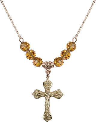 18" Hamilton Gold Plated Necklace with 4mm Topaz Crystal Beads featuring a 14kt Gold Filled Crucifix Medal.