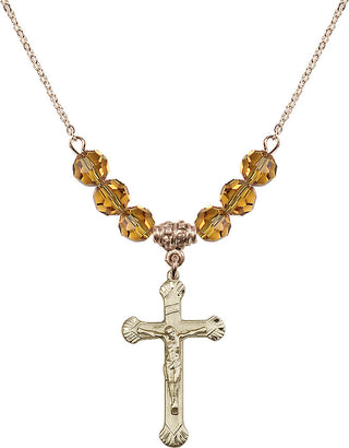 18" Hamilton Gold Plated Necklace with 4mm Topaz Crystal Beads featuring a 14kt Gold Filled Crucifix Medal.