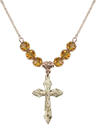 18" Hamilton Gold Plated Necklace with 4mm Topaz Crystal Beads featuring a 14kt Gold Filled Crucifix Medal.