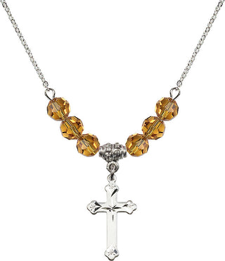 18" Rhodium Plated Necklace with 4mm Topaz Crystal Beads featuring a Sterling Silver Cross Medal.
